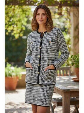 Vintage LERNER Black and White Print Knit Skirt Set Ladies LARGE